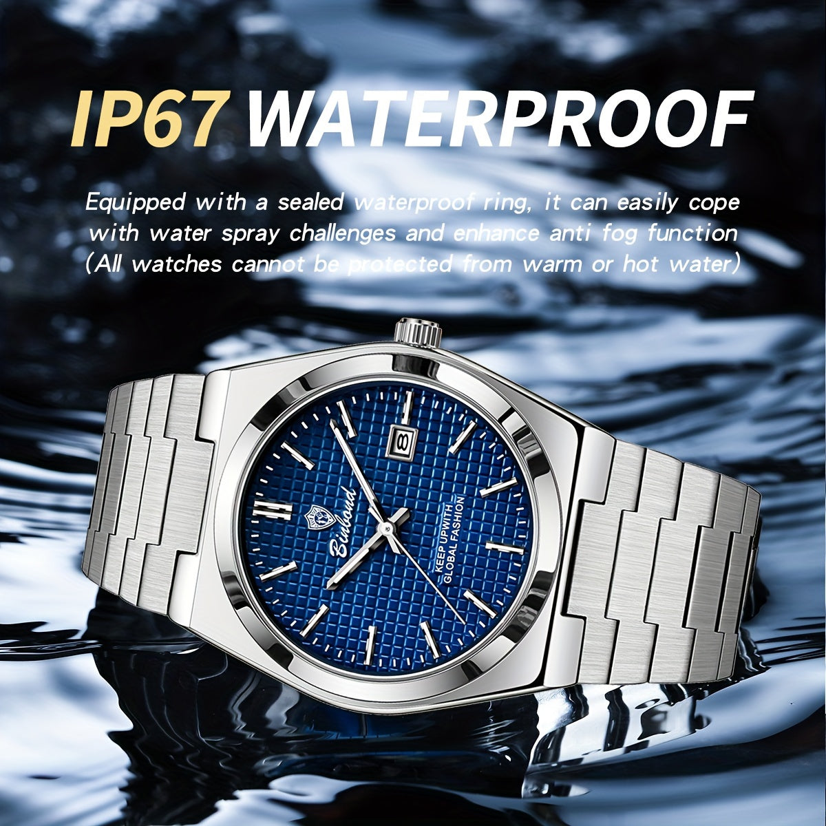 BINBOND Men's Elegant Quartz Watch, Blue/Green Checkered Dial, Glow-in-the-Dark Hands, Durable Steel Band, Waterproof, Date Display, Casual Style, Perfect for Daily Wear and Gift