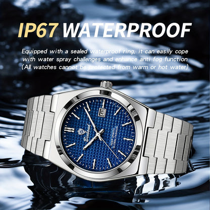 BINBOND Men's Elegant Quartz Watch, Blue/Green Checkered Dial, Glow-in-the-Dark Hands, Durable Steel Band, Waterproof, Date Display, Casual Style, Perfect for Daily Wear and Gift