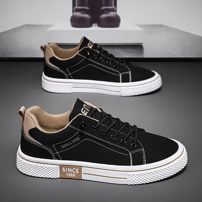 Men's Casual Low-Top Sneakers - Breathable Fabric & Durable PVC Sole, Black & Beige Contrast Design, Lace-Up Round Toe for All-Season Comfort, Versatile for Casual & Semi-Formal Wear, Comfortable Footwear, Fabric Upper