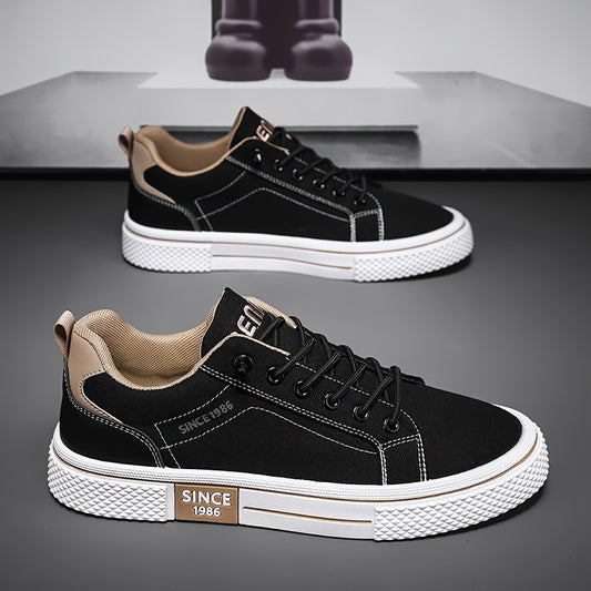 Men's Casual Low-Top Sneakers - Breathable Fabric & Durable PVC Sole, Black & Beige Contrast Design, Lace-Up Round Toe for All-Season Comfort, Versatile for Casual & Semi-Formal Wear, Comfortable Footwear, Fabric Upper