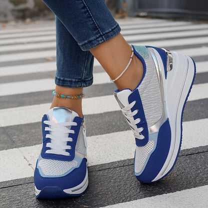 Women'S Fashionable Atmospheric Casual Shoes, Thickened Heightened Non-Slip Anti-Slippery Durable, Blue, with Stabilizing Support, Mesh Fabric Upper, Man Made Materials (Polyurethane) Upper, Fabric Inner, PVC Sole, Fabric Ins