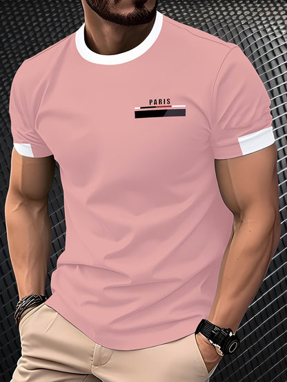 Men'S Paris Graphic T-Shirt - Green Polyester Crew Neck Tee with White Stripes & Print - Casual Sporty Knit Top for Casual Attire, Breathable Fabric