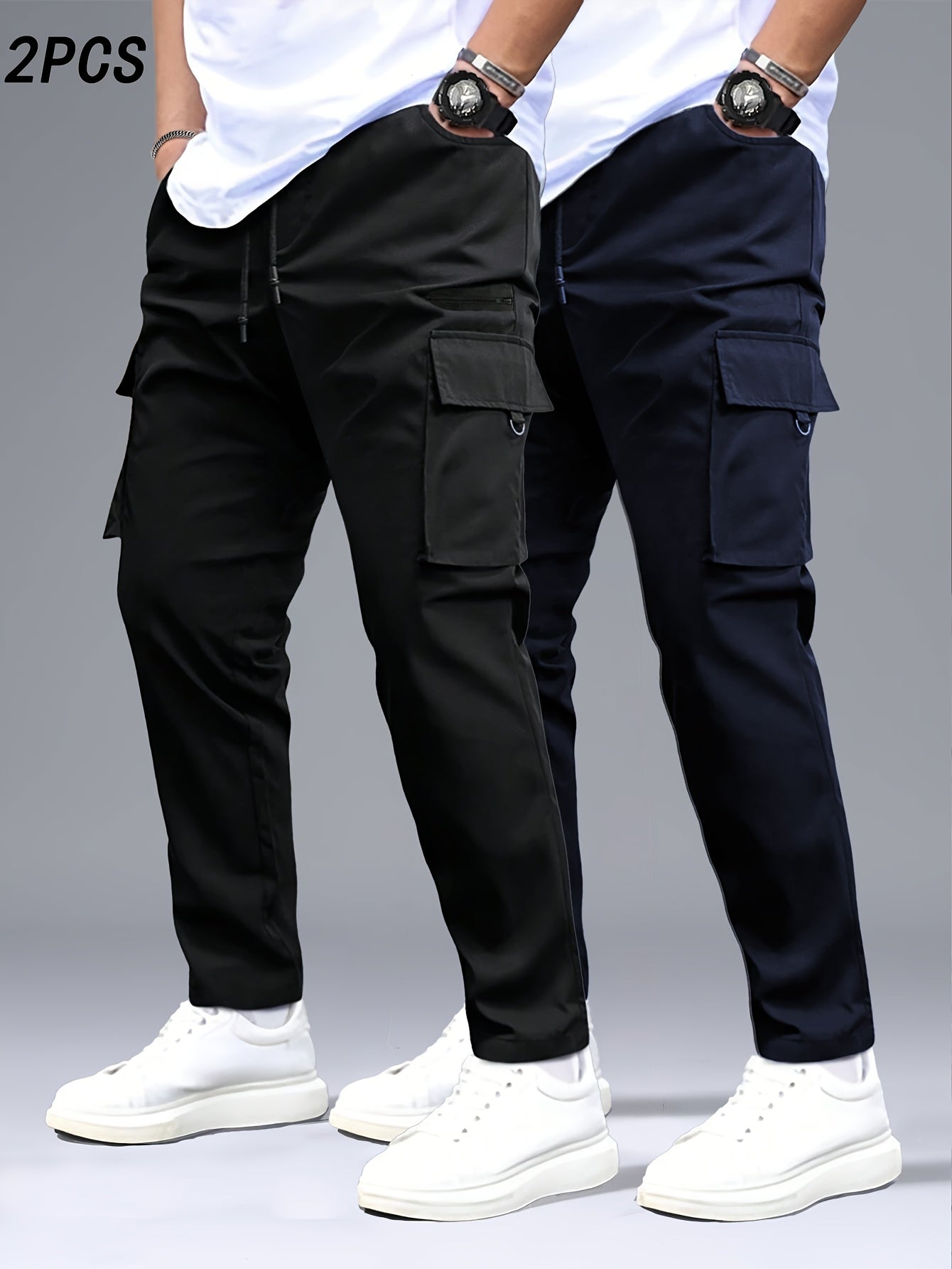 2pcs Men's Cargo Pants, Black & Gray with Drawstring Waist and Multiple Pockets, Durable Polyester, Ideal for Outdoor Activities and Casual Wear, Casual Wear Pants | Multiple Pocket Design | Durable Fabric Pants