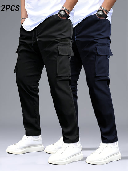 2pcs Men's Cargo Pants, Black & Gray with Drawstring Waist and Multiple Pockets, Durable Polyester, Ideal for Outdoor Activities and Casual Wear, Casual Wear Pants | Multiple Pocket Design | Durable Fabric Pants