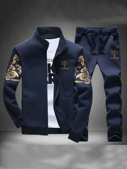Men'S Navy Blue "Shan Yes" Print Casual Sports Suit - Zip-Up Hoodie & Joggers with Pockets, Regular Fit for Spring & Fall, Comfortable Leisure Wear, Leisure Wear Hoodie | Sporty Hoodie | Zipper Closure, Essential Hoodie