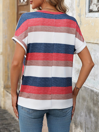 Women's Elegant Knit Striped Short Sleeve T-Shirt - Red & White Stripes on Navy Blue, 95% Polyester 5% Elastane Blend, Lightweight 180gsm Summer Casual Top, Machine Washable