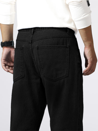Men'S Loose Fit Straight Leg Jeans, Cotton 85% Polyester 15% Denim, Washed Solid Color Casual Style