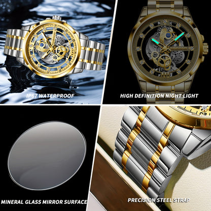 BINBOND Men's Sleek Golden-Tone Quartz Watch - Transparent Dual-Sided Hollow Design, Waterproof with Luminous Hands, Stainless Steel Band, Ideal Gift