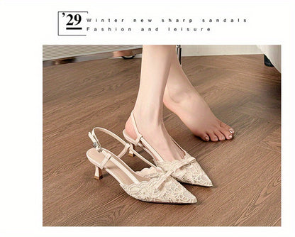 Women'S Elegant Lace-Embroidered Pointed-Toe High Heel Sandals - Beige Block Heel, Ankle Strap with Buckle, Breathable Mesh Upper, Comfortable Summer & All-Season Wear, High Heel Sandals