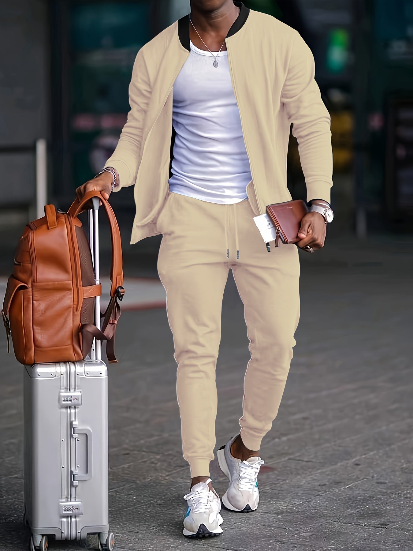 Men's Casual Polyester Sports Suit, Solid Color, Non-Stretch Fabric, Regular Fit, Baseball Collar Jacket and Sweatpants, Suitable for Spring/Autumn - Braided Eyelash Set