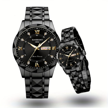 2pcs Couple Watch BANBONY Brand Trendy Fashion Men's and Women's Quartz Watch Stainless Steel Strap with Rhinestone Luminous High-definition Disc Waterproof Night Light Display Week Calendar Display Wristwatch Holiday Gift fo