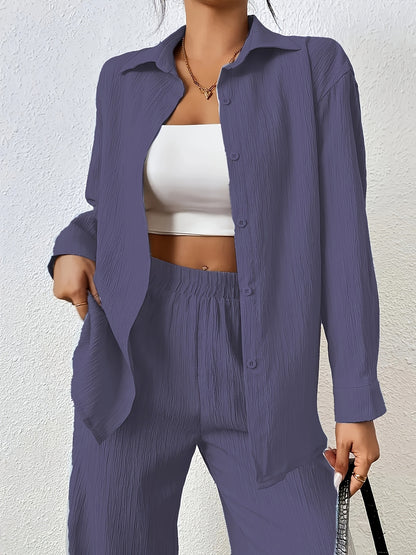 Women'S Casual Solid Color Long Sleeve Shirt + Long Pants 2pcs Set for Spring And Autumn.
