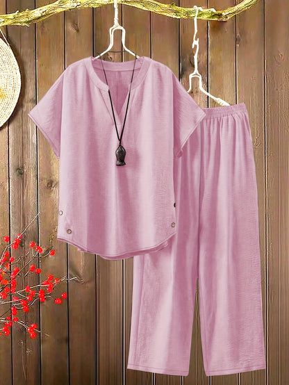 Women'S Solid Color V-Neck Short Sleeve Shirt with Elastic Waist Wide-Leg Pants Two-Piece Set
