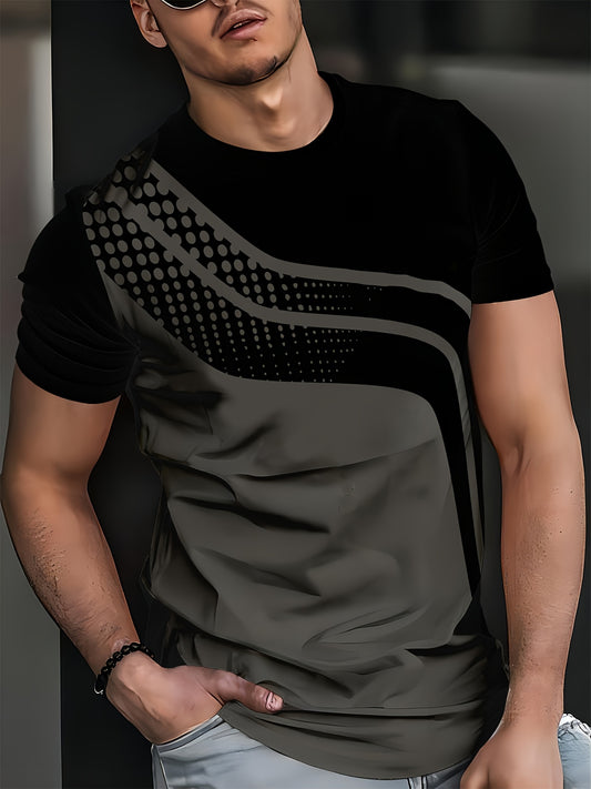 Men'S Stylish Black & Gray Striped T-Shirt - Soft Polyester Fabric, 3D Digital Print Design, Casual Crew Neck, Short Sleeve, Perfect for Summer, Everyday Comfort Tee | Modern Casualwear | Comfortable Fit