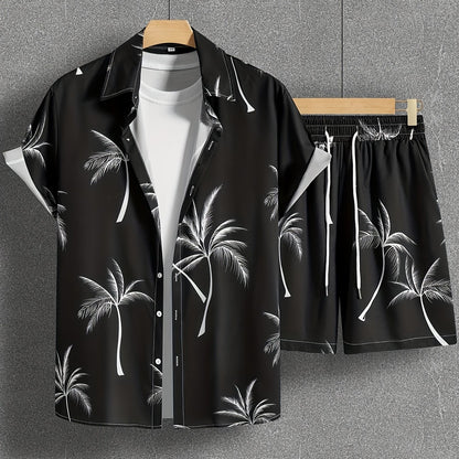 Coconut Tree Print, Men's 2Pcs Outfits, Casual Camp Collar Lapel Button Up Short Sleeve Shirts Hawaiian Shirt And Drawstring Shorts Set For Summer, Men's Clothing