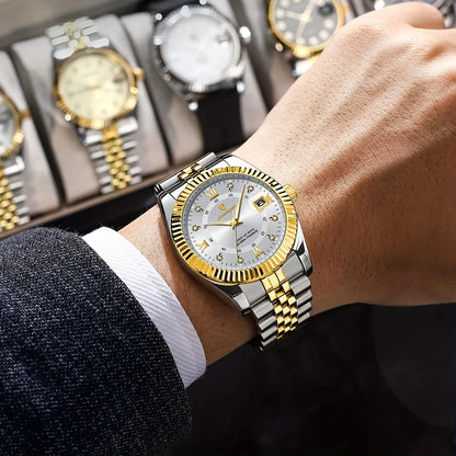POEDAGAR Luxury Men'S Quartz Watch - Waterproof, Luminous, Stainless Steel Band, Blue & Golden Accents, Date & Week Display, Casual Elegant Timepiece with Backpack Clasp