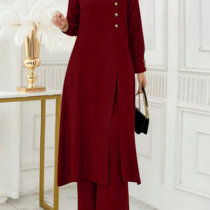 Ramadan, Women's Front-Button Long Sleeve Slit Dress & Pants Casual Arabic Style 2pcs Set, Only Clothes, Without Headscarf