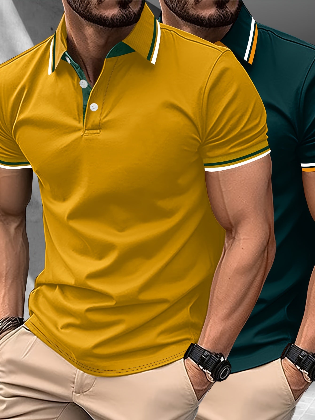 2pcs Men's Short-Sleeve Shirts with Contrast Collars - Lightweight Polyester, Pastel Blue & Pink, Turn- Collar, Button Closure, Regular Fit, Casual & Business-Casual Wear, Ideal for Summer or Gifting, Short Sleeve Tops