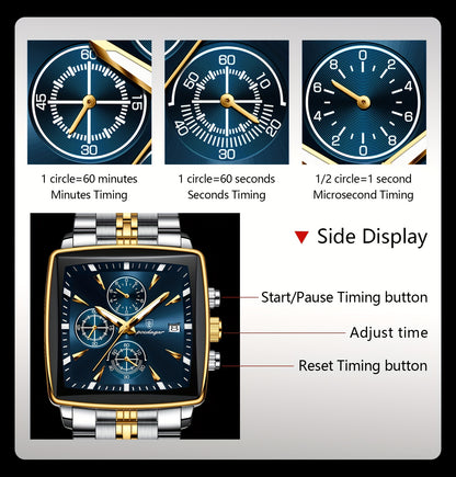 POEDAGAR Men's Stainless Steel Luminous Watch - Blue Dial Chronograph, High Quality Quartz Movement with Date Calendar, Golden-Tone Accents for Business Casual & Casual Attire, Formal Accessory, Stylish Accessory, Refined Cra