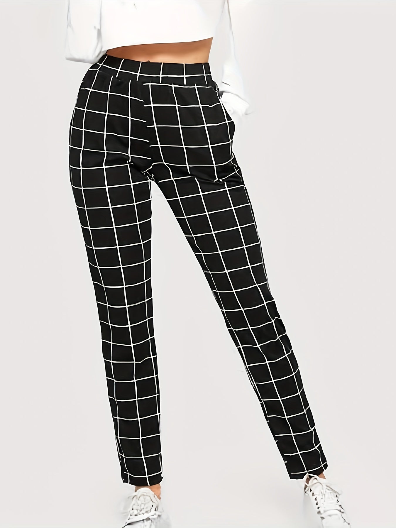 Plaid Print High Waist Pants Elegant Straight Leg Slants Pockets Pants, Women's Clothing