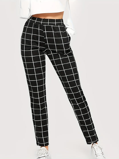Plaid Print High Waist Pants Elegant Straight Leg Slants Pockets Pants, Women's Clothing