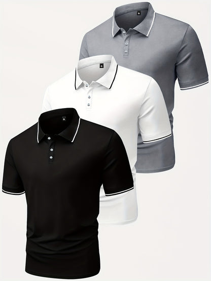 3pcs Men's Casual Fashion Shirts - Breathable Polyester, Short Sleeve, Button-Up with Classic Collar - Machine Washable, Summer Essentials in Black, White, and Beige