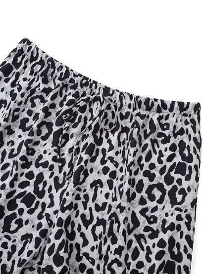Women's Plus Size Leopard Print Wide-Leg Beach Shorts - Casual Vacation Style, High-Rise with Faux Drawstring, Lightweight Polyester, Black & Gray Animal Pattern, Perfect for Summer Outings, Beachwear Shorts | Tropical Vacati