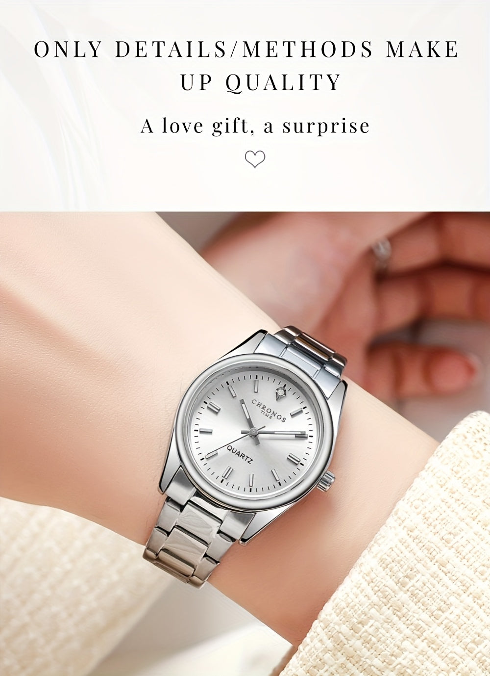 CHRONOS Women'S Quartz Watch - Elegant Stainless Steel Strap, Luminous, Round Dial, Business Casual Style, Perfect for Commuting and Casual Attire, Date Display, Pointer Display, Zinc Alloy Case, Button Battery Powered, Timer