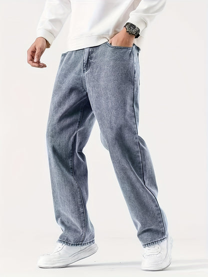 Men'S Casual Denim Jeans, 54% Cotton 32% Polyester 12% Viscose, Solid Color, Regular Fit, Straight Leg, All-Season, Woven Fabric, 290g/m², with Pockets - Adult