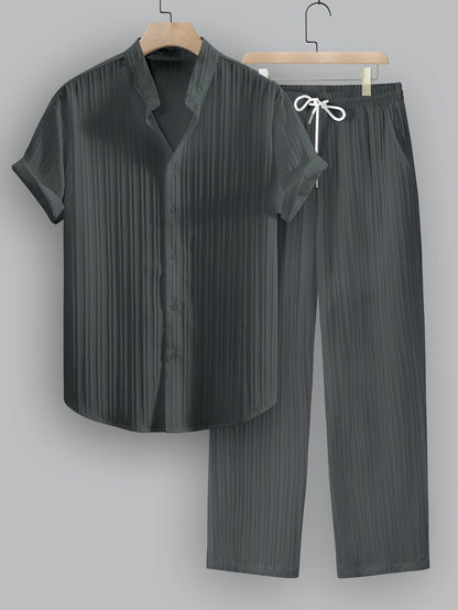 2pcs Men's Summer Casual Striped Polyester Outfit Set, Short Sleeve Stand Collar Shirt and Drawstring Pants, Non-Stretch Woven Fabric, Regular Fit for Daily Wear and Beach Vacation, Plain Color, Beach Vacation