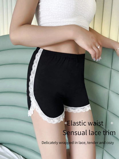 Women's High-Elasticity Safety Shorts - Breathable, Seamless, No-Show with Lace Trim, Black and White, Stretchy Fabric, Ideal for Summer Casual Wear, High Waisted Shorts
