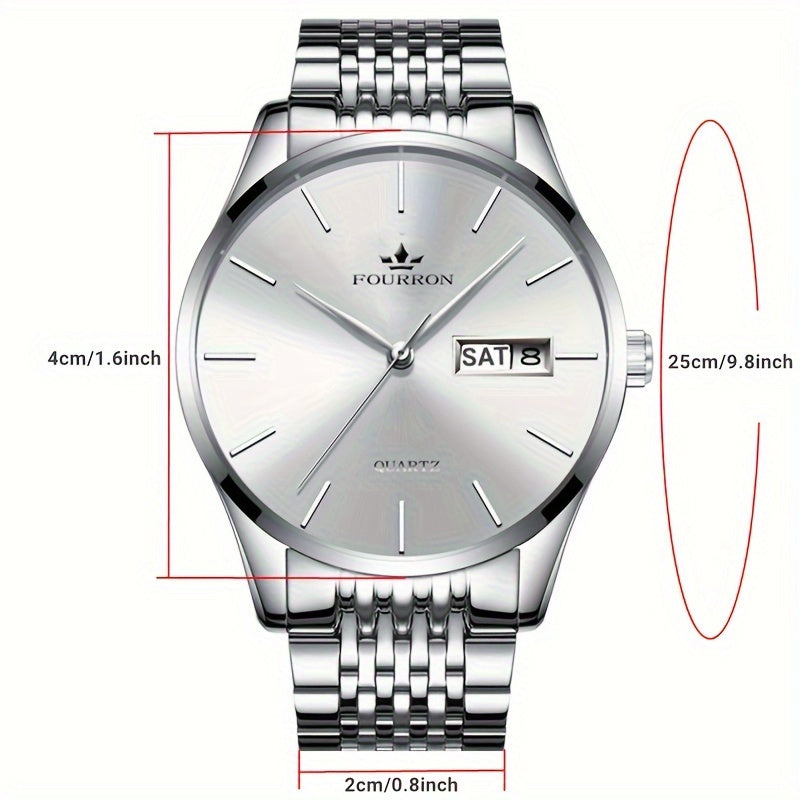 FOURRON Men's Luxury Stainless Steel Quartz Watch with Date & Calendar - Luminous, Fashionable Casual Design for Business, Travel & Casual Attire - Perfect Birthday Or Holiday Gift Valentine's Day