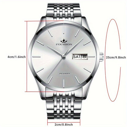 FOURRON Men's Luxury Stainless Steel Quartz Watch with Date & Calendar - Luminous, Fashionable Casual Design for Business, Travel & Casual Attire - Perfect Birthday Or Holiday Gift Valentine's Day