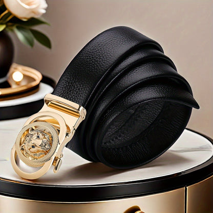 1pc Men'S Automatic Buckle Faux Leather Belt - Elegant Black Business Style with Golden-Tone Buckle, Perfect for Weddings, Business, and Casual Wear - Ideal Gift for Husband or Dad, Formal Belt | Sophisticated Belt | Durable