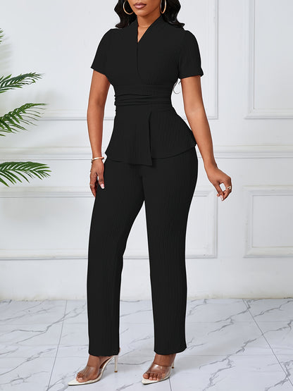 Women'S Elegant Casual Solid Color Textured Jumpsuit - Stylish Short Sleeve Top & Wide-Leg Pants, Perfect for All Seasons, Casual Attire|Textured Jumpsuit|Casual Style