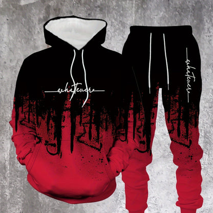 Men's Casual Hoodie & Sweatpants Set - Black & Red Contrast, Letter Print Design, Comfort Fit for Spring/Fall