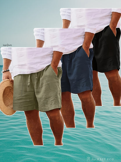 Men's Summer Cotton Drawstring Elastic Waist Straight-Leg Solid Color Breathable Casual Beach Shorts - 3pcs