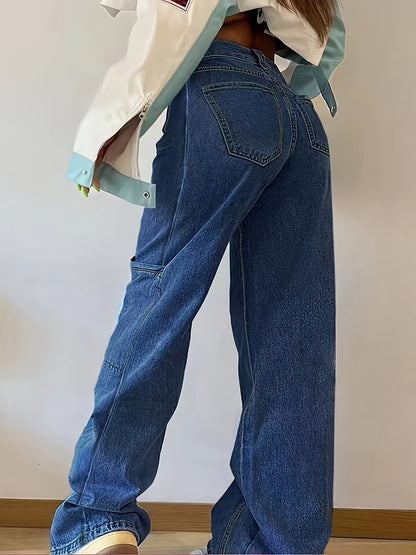 Chic Plus Size կանացի ուղիղ ջինսեր կողային գրպաններով - Comfort Fit ջինս միաձույլ գույնով, լվացվող մեքենայում