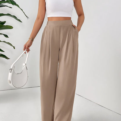 Women'S Elegant Wide Leg Pants - Beige Loose Fit with Elastic Waist, Comfortable Polyester Fabric for Spring/Summer Vacations, Casual Chic Style