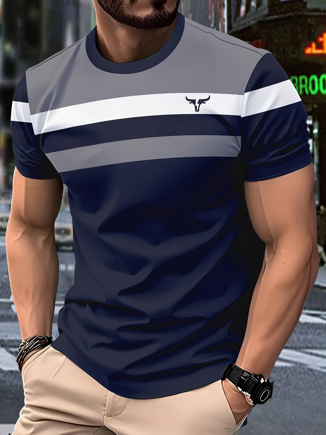 Men'S 3D Digital Print Short Sleeve T-Shirt - Vibrant Color Block Stripes & Bull Head Logo, Breathable Lightweight Fabric, Regular Fit All-Season Casual Top, Durable Urban Style Tee, Versatile Clothing, Modern Fashion, Comfor