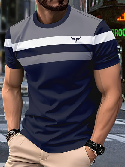 Men'S 3D Digital Print Short Sleeve T-Shirt - Vibrant Color Block Stripes & Bull Head Logo, Breathable Lightweight Fabric, Regular Fit All-Season Casual Top, Durable Urban Style Tee, Versatile Clothing, Modern Fashion, Comfor
