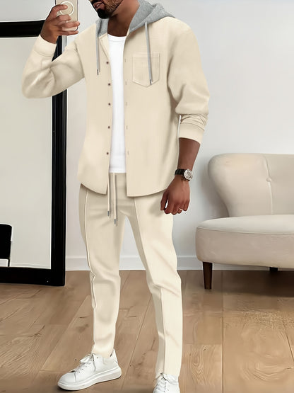 New Long Sleeve Buttoned Hooded Jacket and Rope Pants Set for Spring and Autumn, Waffle Solid Classic Men's Sports 2pcs Sports Suit - Sports Suit for Outdoor Sports Enthusiasts, Breathable and Comfortable