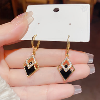 Elegant Vintage-Inspired Geometric Rhombus Drop Earrings with Crystal Accents, Zinc Alloy Dangle Earrings with Copper Ear Needle, Suitable for Daily and Party Wear - Pair