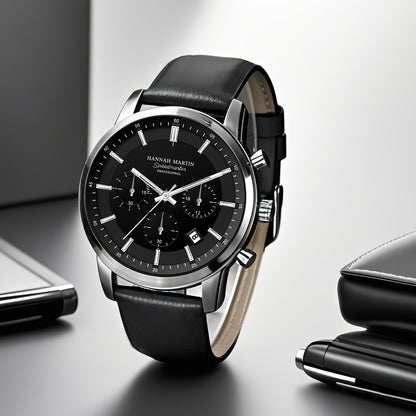 HANNAH MARTIN Men's 2025 Business Chronograph Watch - Black Arabic Numeral & Bar Markers, Date/Second Time Zone, Quartz Movement, Faux Leather Strap, High Quality 30m, Casual & Formal Watch for Casual Attire, Versatile Timepi