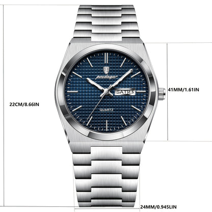 POEDAGAR Elegant Women'S Quartz Watch, Luminous Calendar, Stainless Steel Band, Round Alloy Case, Fashionable Night-Glowing Dial with Blue & Orange Accents