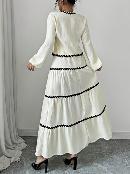 Women'S New Arrival Black and White Ruffled Lace Trim Long Sleeve Shirt with Tie Waist Umbrella Skirt Set, Stylish Elegant Vacation Commute Daily Wear Date Party Two-Piece Outfit Suitable for All Seasons