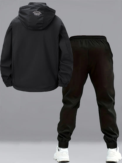 2pcs Men's Sporty Casual Jacket and Stretch Jogger Set, Spring/Autumn Fashion Hooded Jacket with Zipper Pockets, Windproof Outerwear and Black Stretch Joggers, Perfect for Outdoor Activities and Leisure Wear