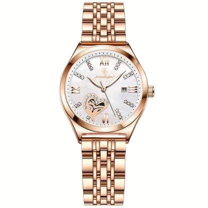 POEDAGAR Elegant Women's Quartz Watch - Rose Golden-Tone Stainless Steel, Luminous Hands & Calendar,, Date Display with Heart Detail