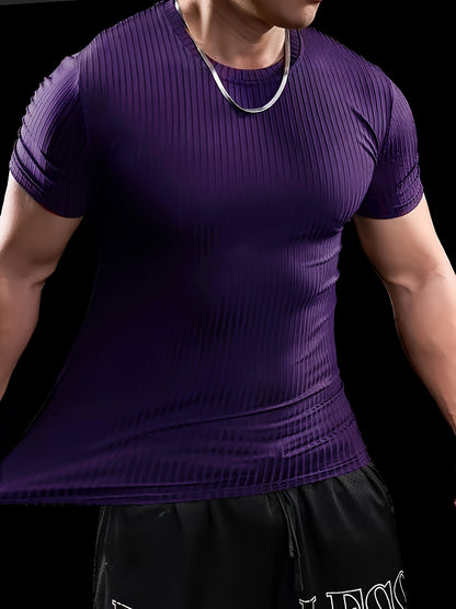 Men's Stretch Fit Short Sleeve T-Shirt - Breathable, Comfortable Polyester Blend, Solid Blue, Crew Neck, Casual & Sporty Style for Spring/Summer