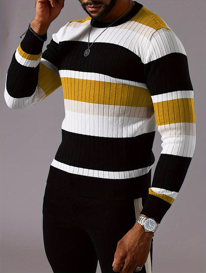 Men's Striped Color-Block Ribbed Knit Sweater - Long Sleeve Round Neck Pullover with Elastic Comfort Fit, Machine Washable Casual Fall Winter Top in Black/White/Green/Beige, Knit Sweater, Medium Elasticity